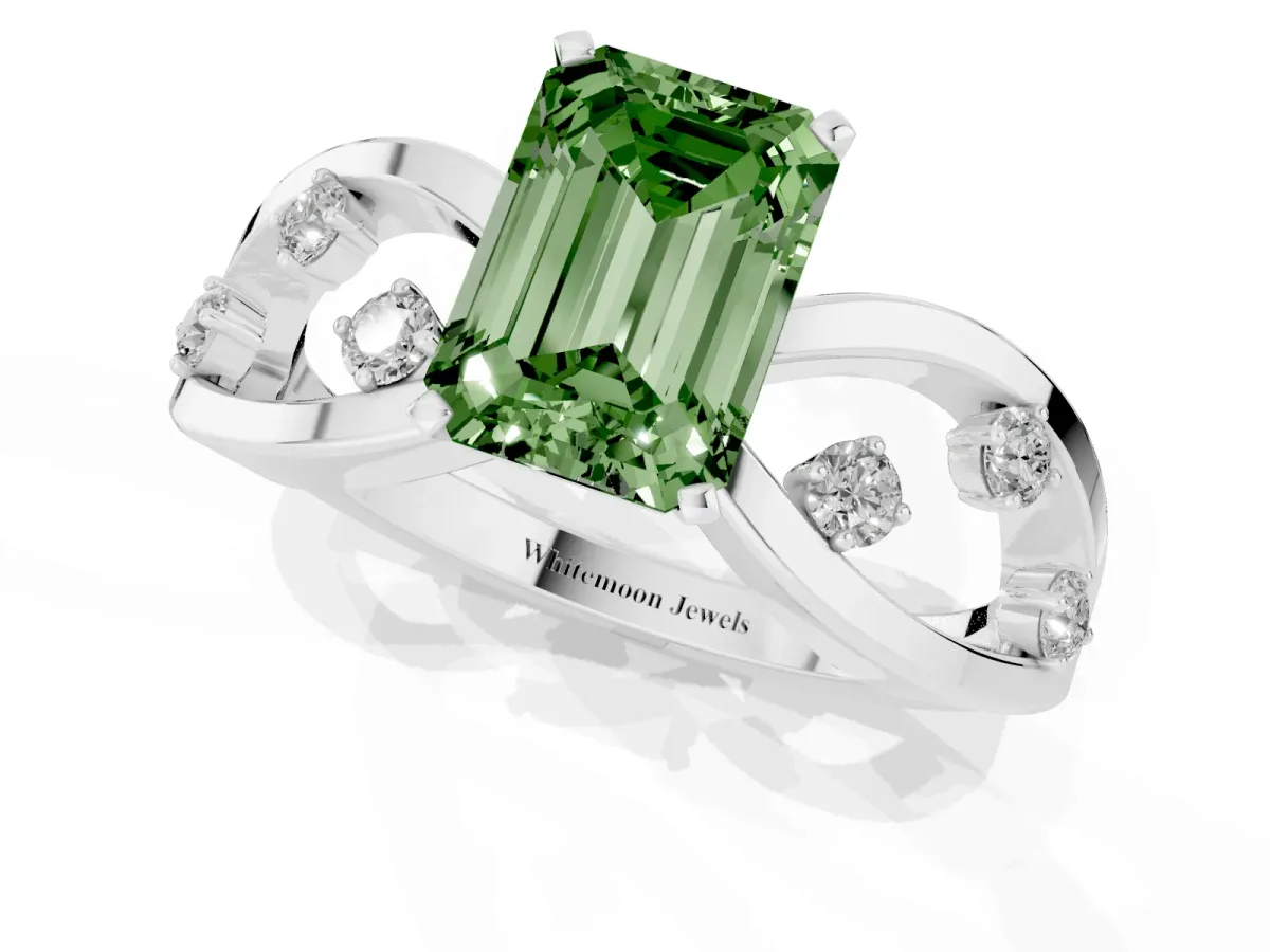 Fancy Green Emerald Cut Cut Solitaire Diamond with Side Stones on Criss-Cross Band and Four-Prong Setting Platinum