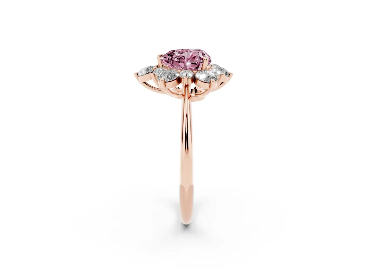 Fancy Pink Heart Cut Diamond Cluster Halo Ring with Solitaire Band and Four-Prong Setting Rose gold