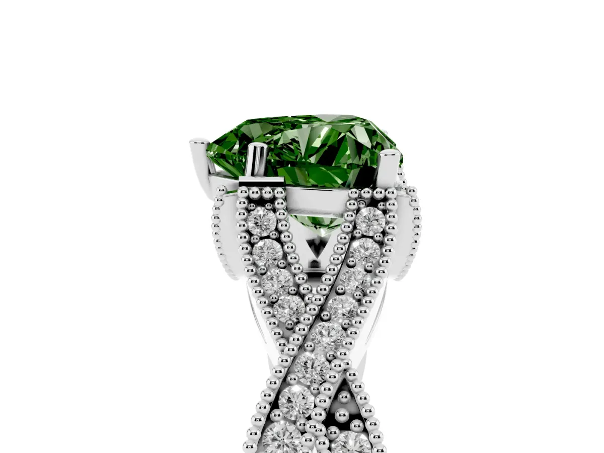 Fancy Green Heart Cut Cut Diamond Twisted Band with Milgrain Pave Setting and Four-Prong Setting White gold