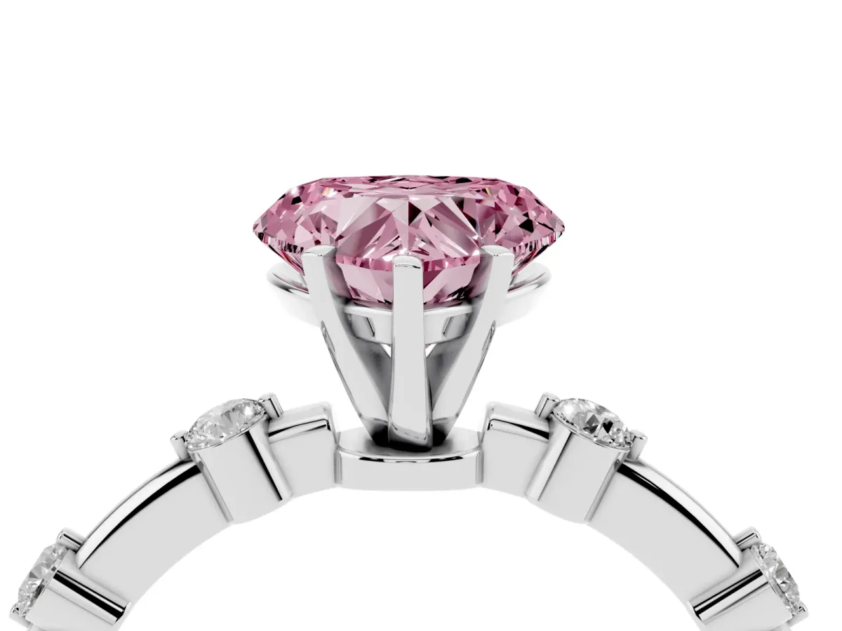 Fancy Pink Heart Cut Solitaire Diamond Ring with Bezel Set Side Stones and Prong Setting Silver