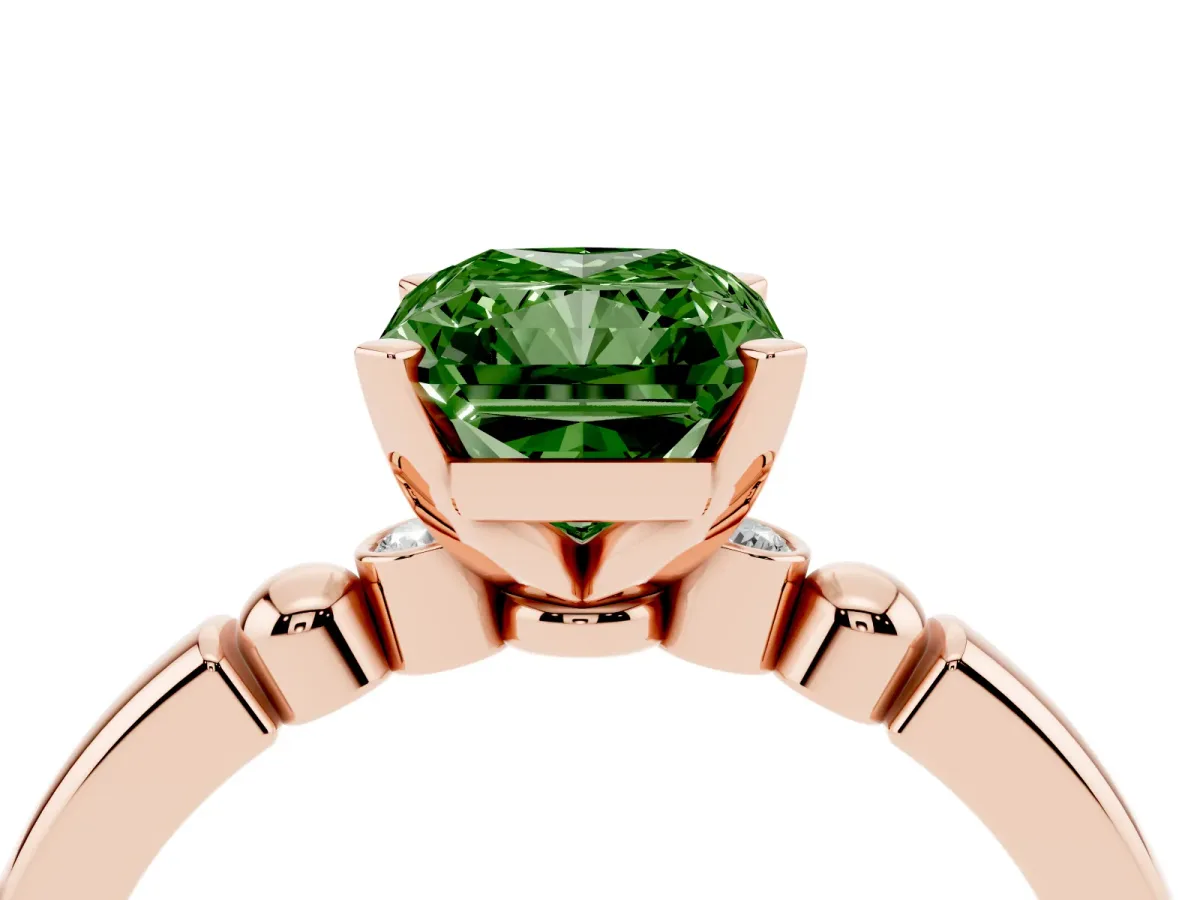Fancy Green Radiant Cut Solitaire Beaded Band with Four-Prong Setting Rose gold