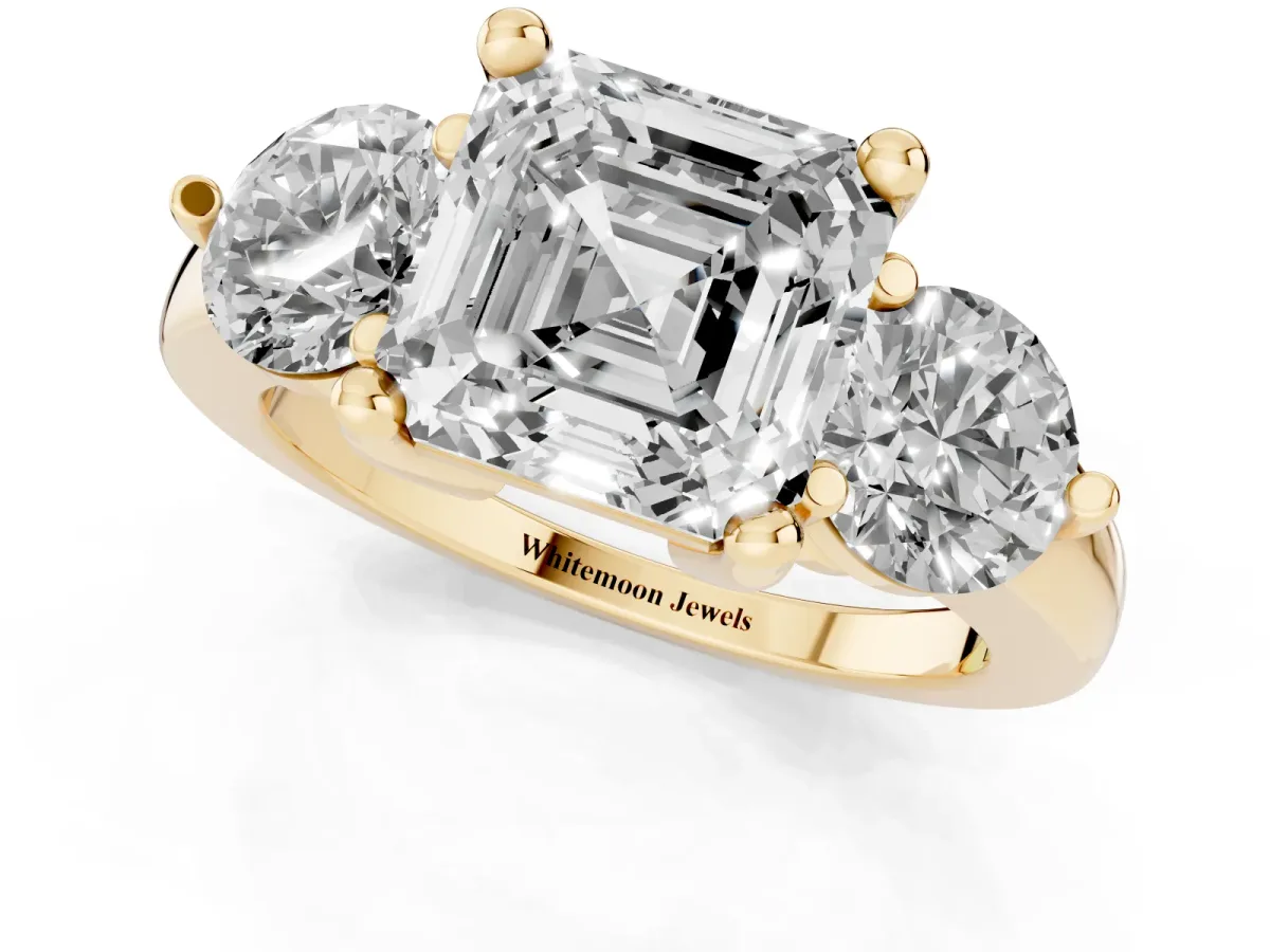Three-Stone Asscher Cut Brilliant Cut Solitaire Ring with Prong Setting on a Classic Band Yellow gold