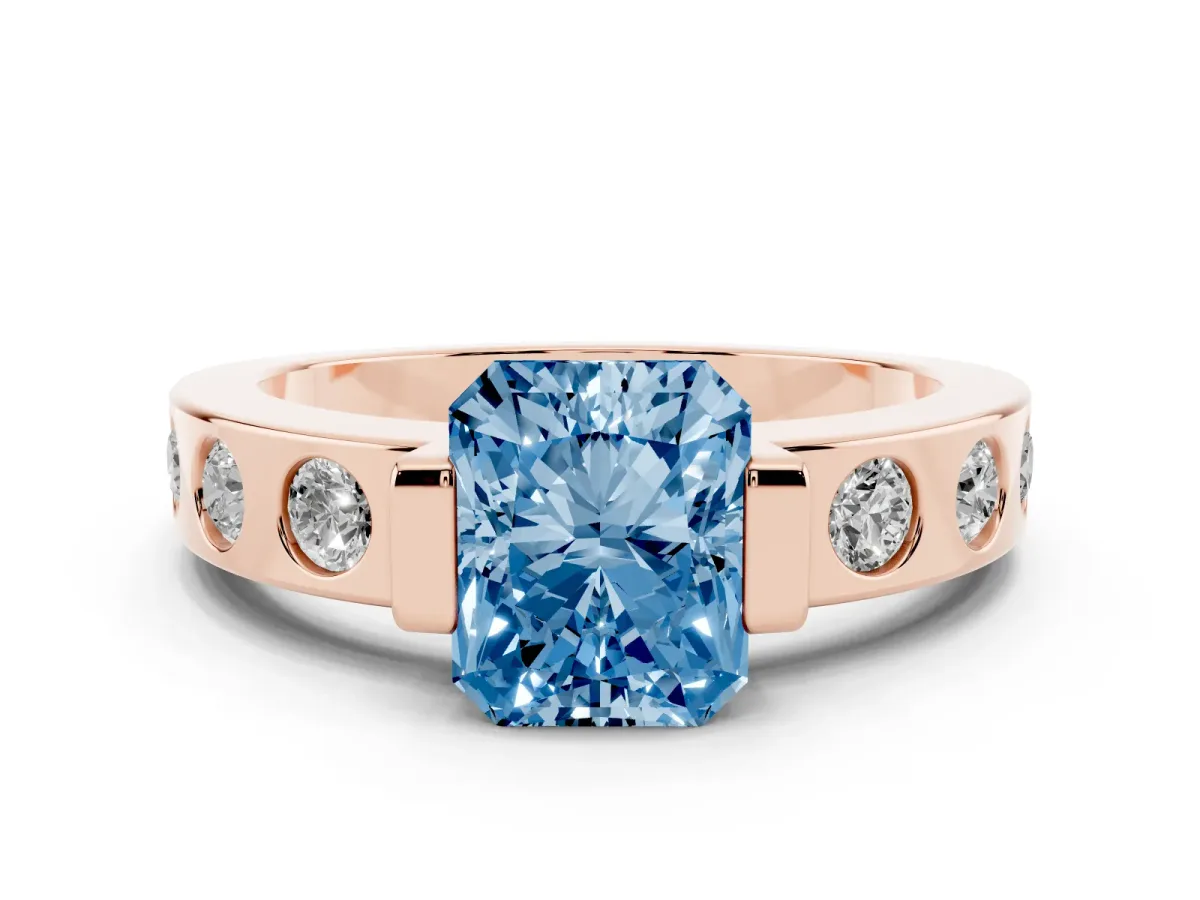 Fancy Blue Radiant Cut Brilliant Channel-Set Diamond Ring with Bezel Prong Setting Rose gold