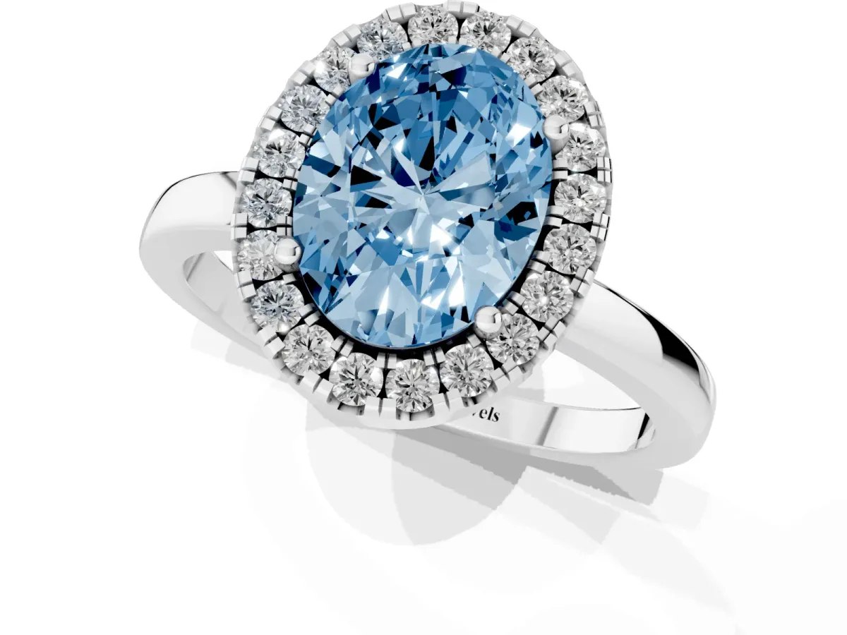 Fancy Blue Oval Cut Halo Diamond Solitaire with Pavé Band and Four-Prong Setting White gold