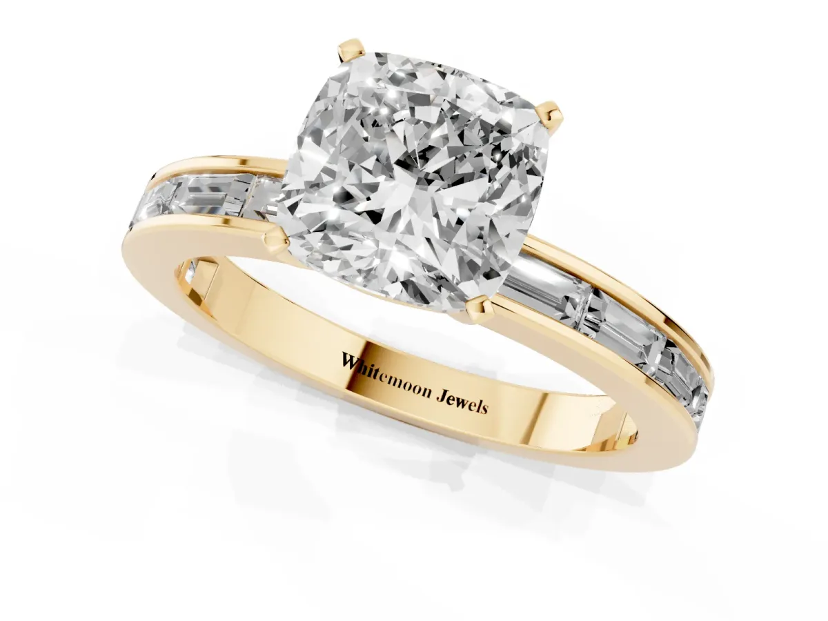 Cushion Cut Solitaire Diamond Ring with Channel-Set Baguette Band and Four-Prong Setting Yellow gold