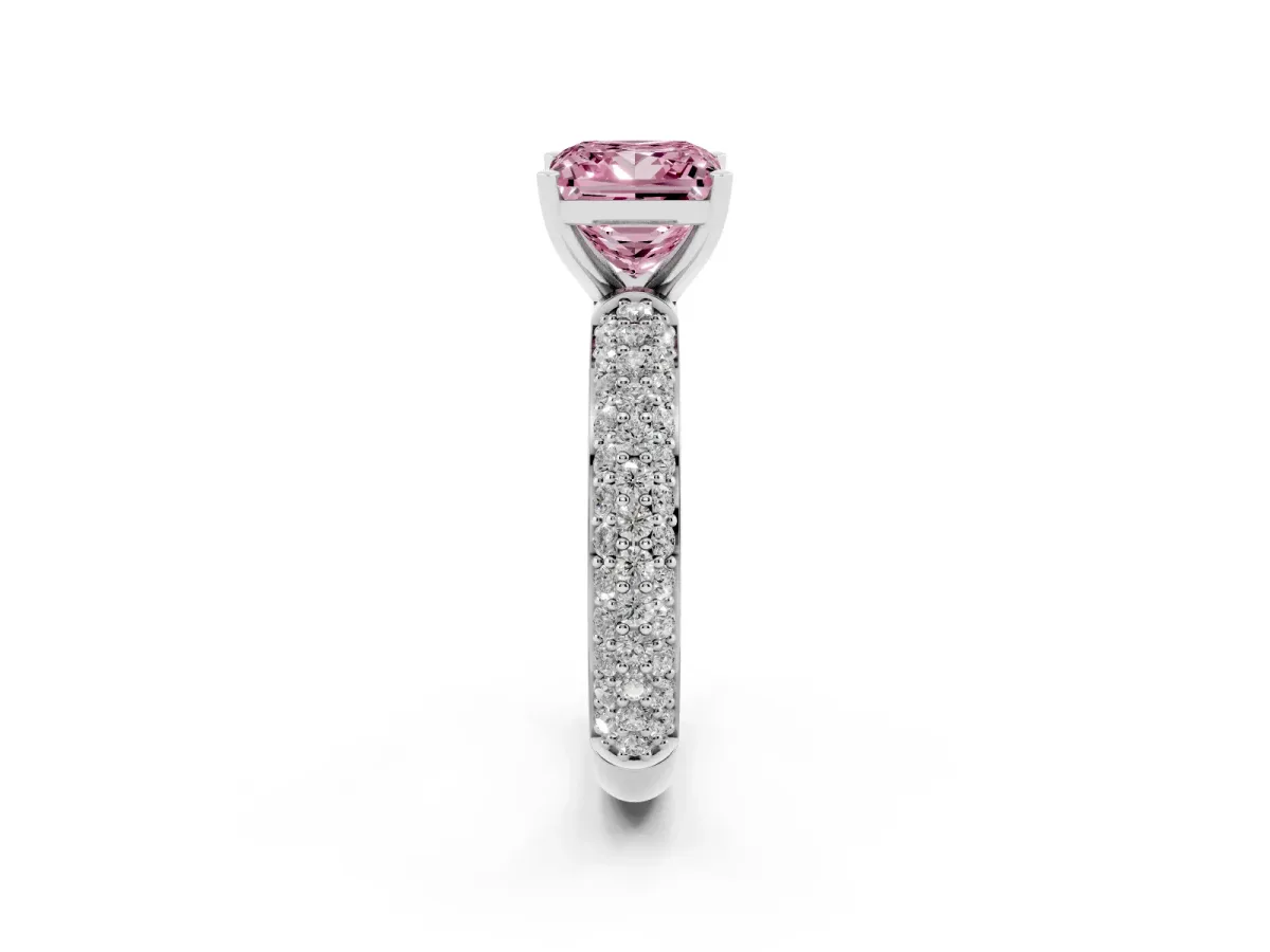 Fancy Pink Princess Cut Diamond Solitaire Ring with Prong Setting and Pavé Band Platinum
