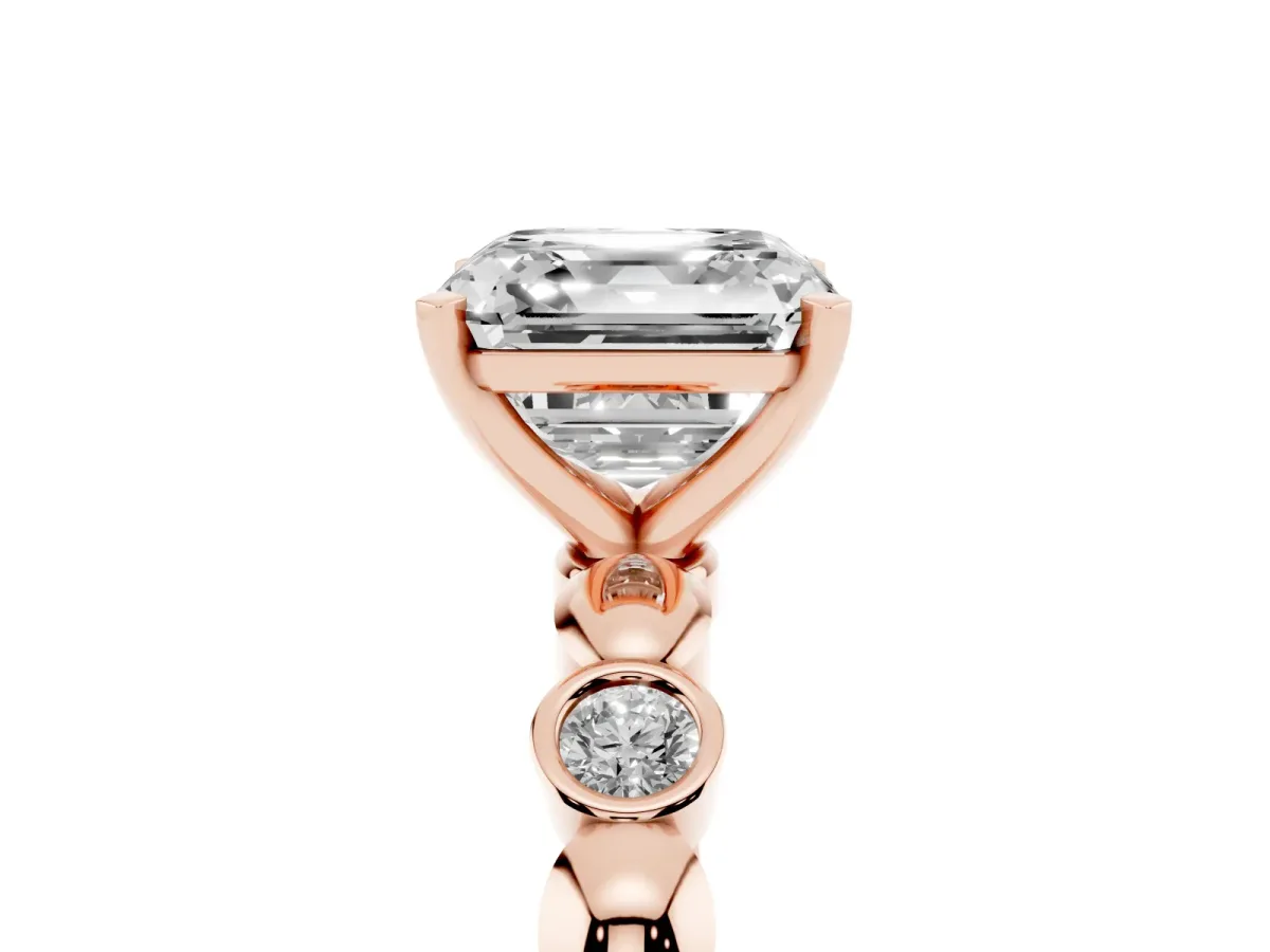 Asscher Cut Solitaire Bezel-Set Diamond Ring with Beaded Band and Four-Prong Setting Rose gold