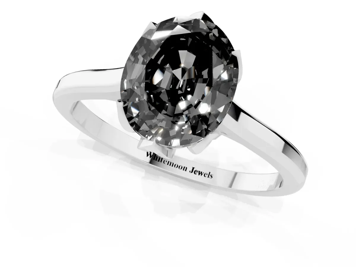 Fancy Black Oval Cut Diamond Solitaire Ring with Flower Prong Setting and Classic Band Silver