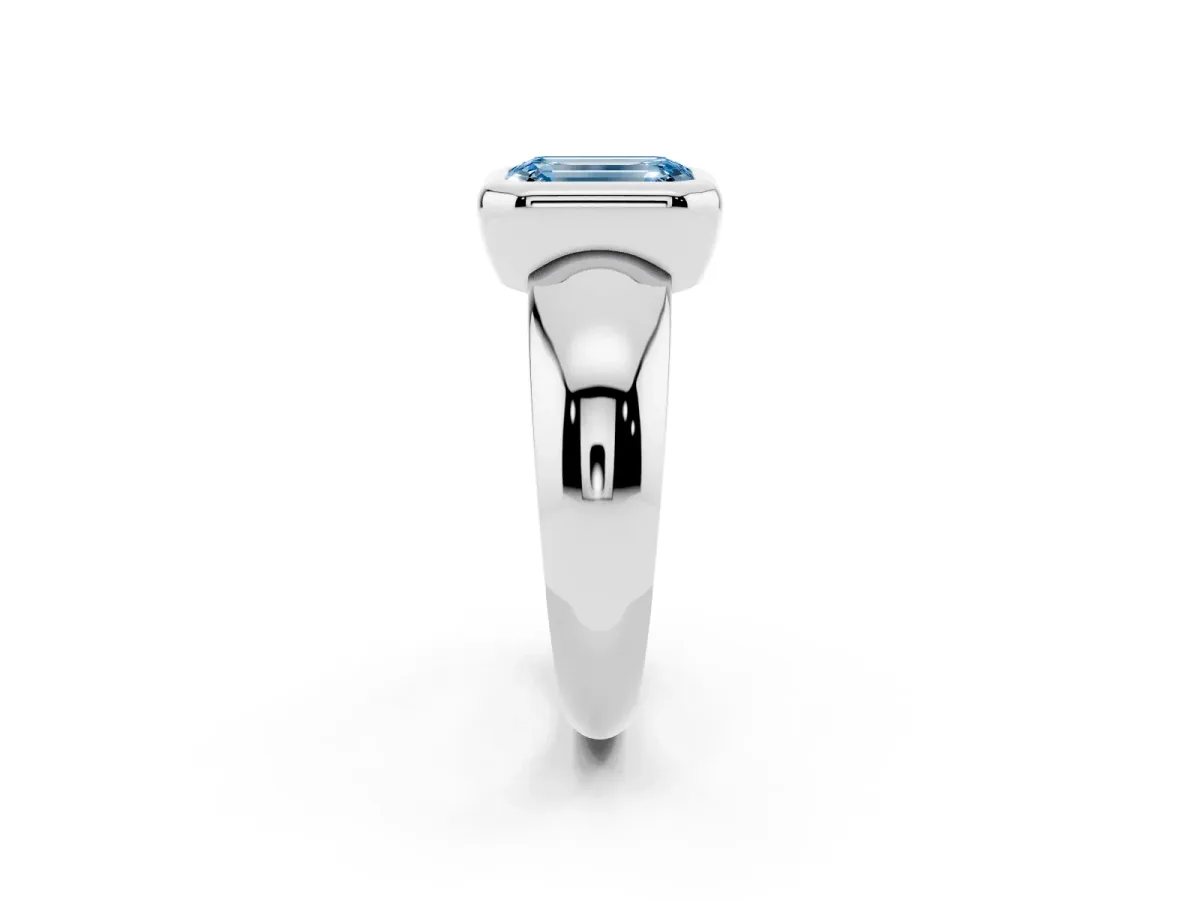 Fancy Blue Bezel Set Emerald Cut Solitaire Ring with Wide Band Platinum