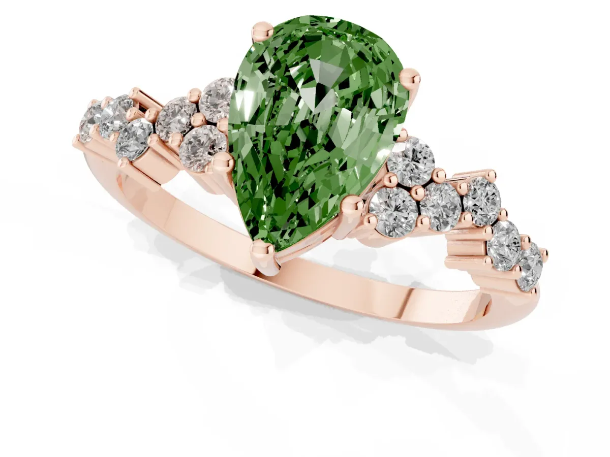 Fancy Green Pear Cut Diamond Scattered Round Accent Ring with Prong Setting Rose gold