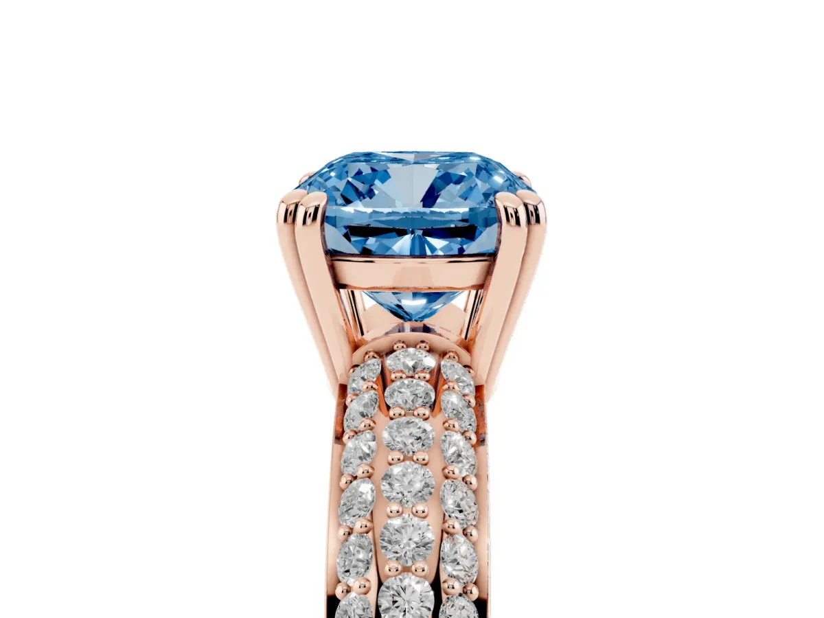 Fancy Blue Cushion Cut Diamond Solitaire Ring with Multi-Row Round Pavé Band and Prong Setting Rose gold