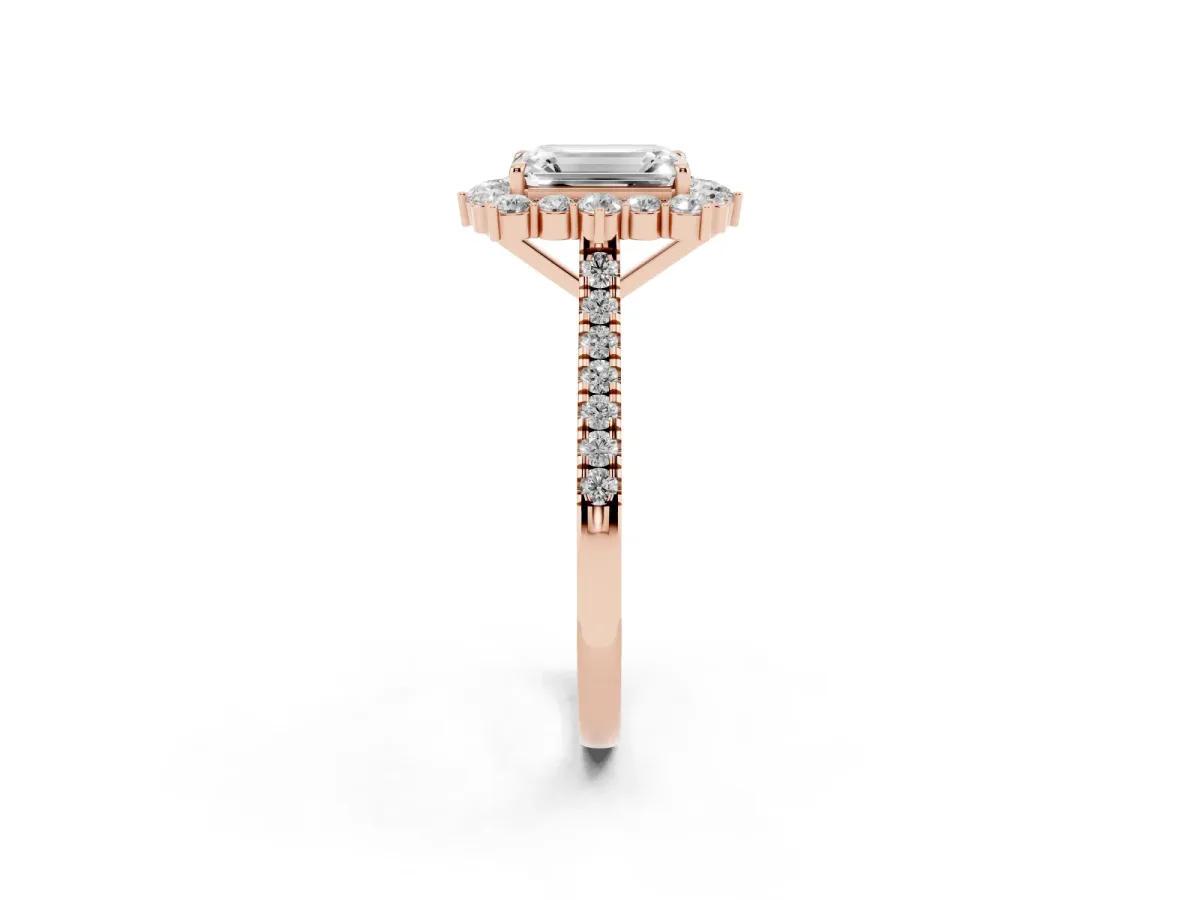 Emerald Cut Halo Diamond Ring with Pavé Band and Prong Setting Rose gold