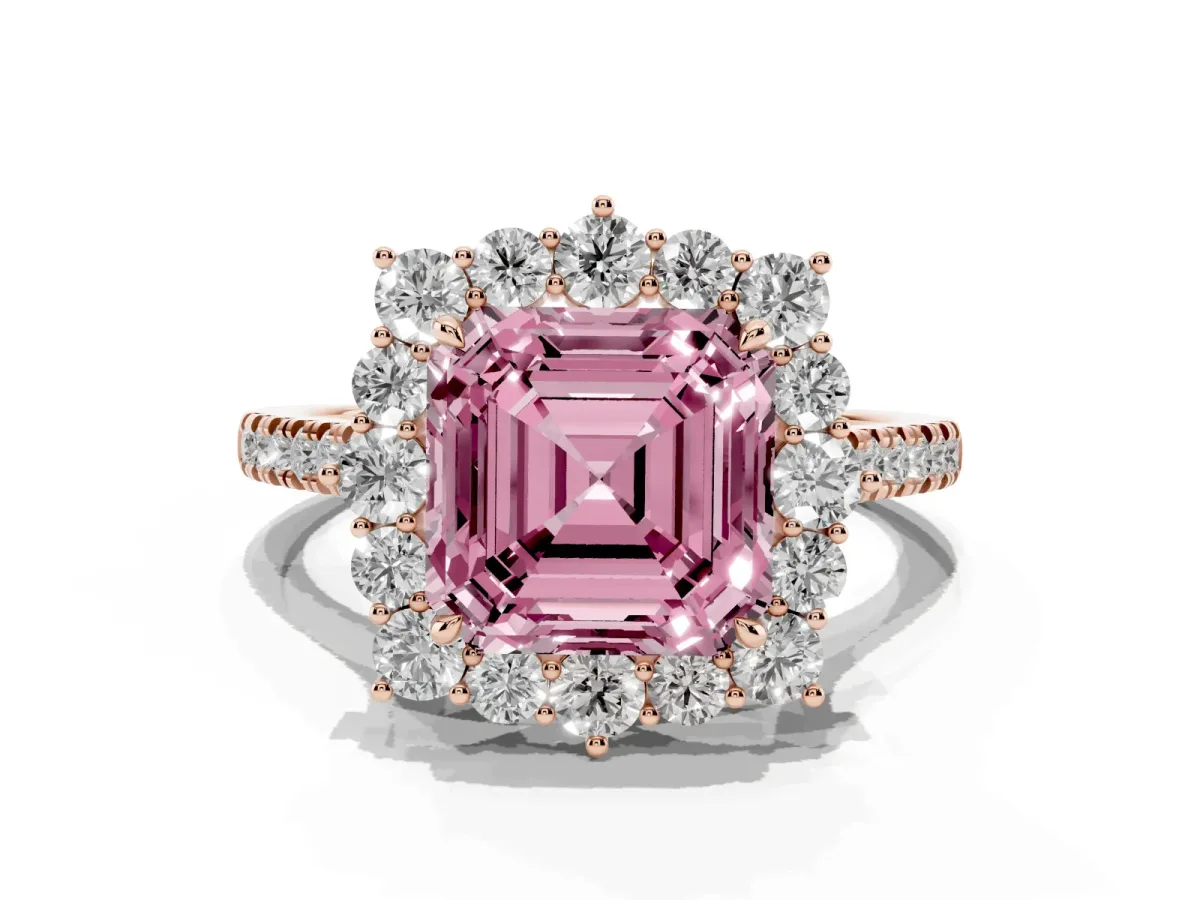 Fancy Pink Asscher Cut Halo Diamond Ring with Pavé Band and Prong Setting Rose gold