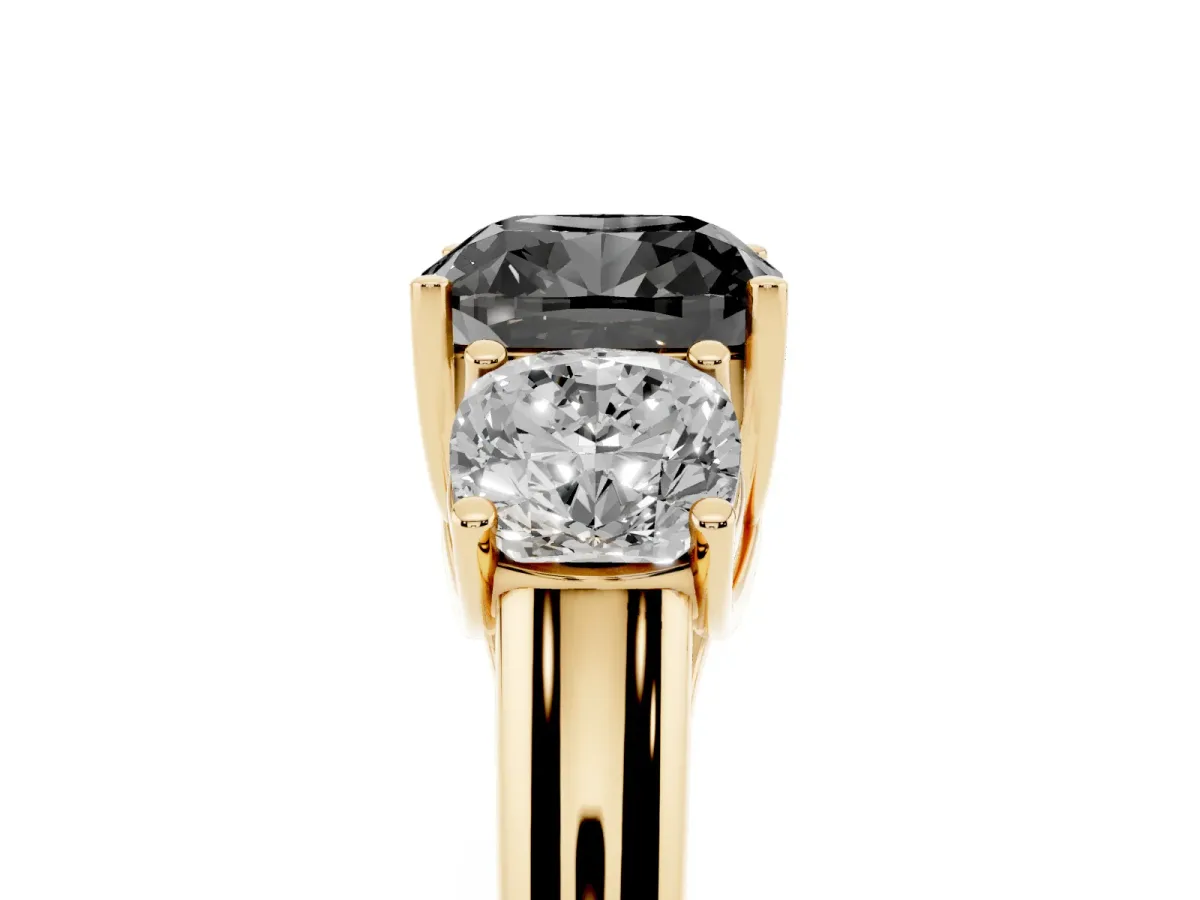 Fancy Black Three-Stone Cushion Cut Diamond Engagement Ring with Prong Setting Yellow gold