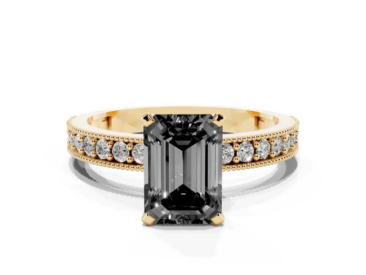 Fancy Black Emerald Cut Diamond Milgrain Pavé Engagement Ring with Four-Prong Setting Yellow gold