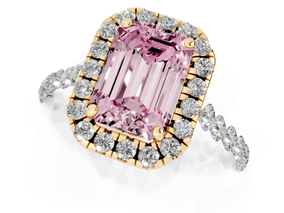 Fancy Pink Emerald Cut Halo Pavé Diamond Engagement Ring with Four-Prong Setting Yellow gold