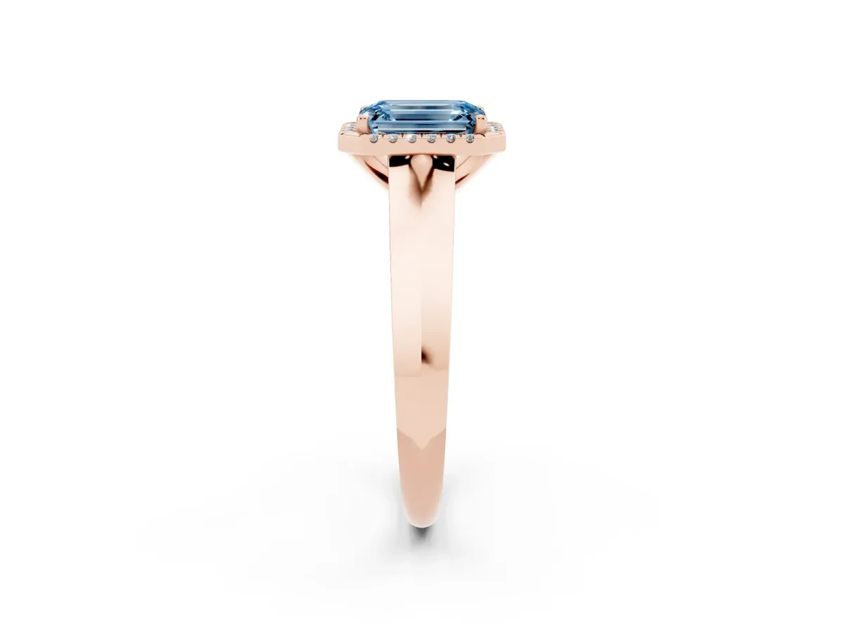 Fancy Blue Emerald Cut Halo Diamond Ring with Cathedral Band and Four-Prong Setting Rose gold