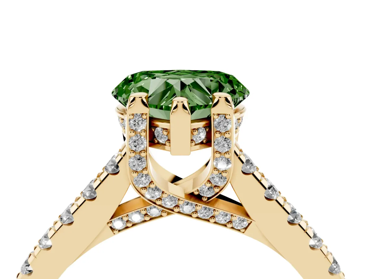Fancy Green Heart Cut Brilliant Diamond Solitaire with Pavé Band and Four-Prong Setting Yellow gold