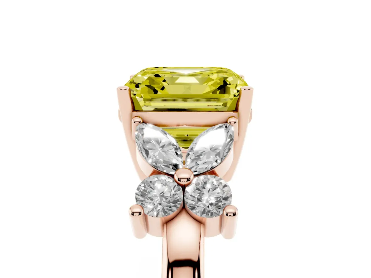 Fancy Yellow Asscher Cut Diamond Floral Cluster Ring with Solitaire Band and Prong Setting Rose gold