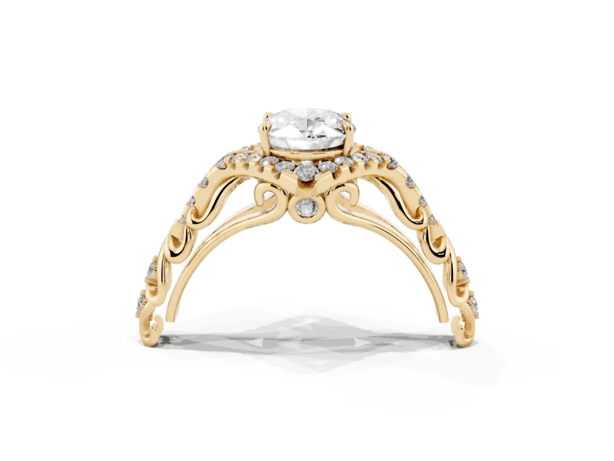 Oval Cut Diamond Solitaire Ring with Hidden Halo and Pavé Band Yellow gold