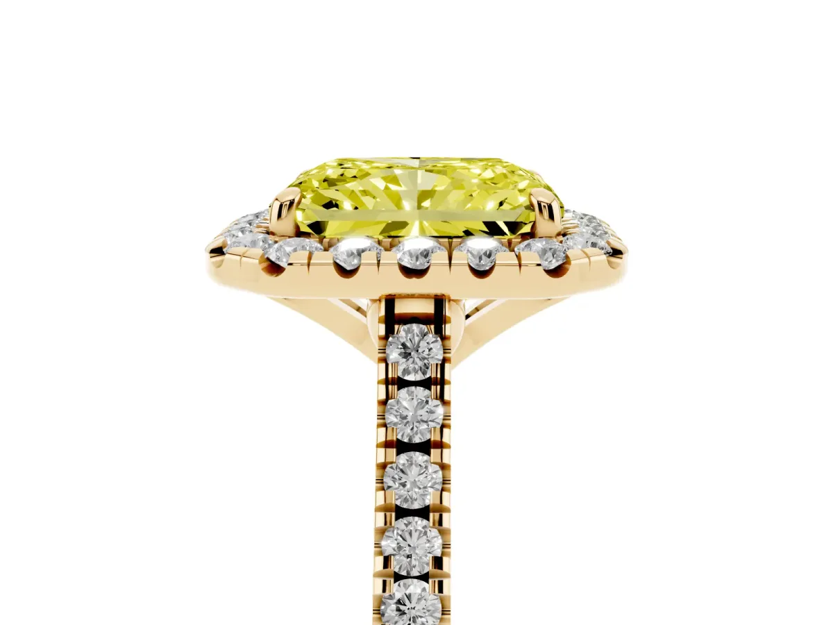 Fancy Yellow Radiant Cut Diamond Cushion Halo Ring with Pavé Band Yellow gold
