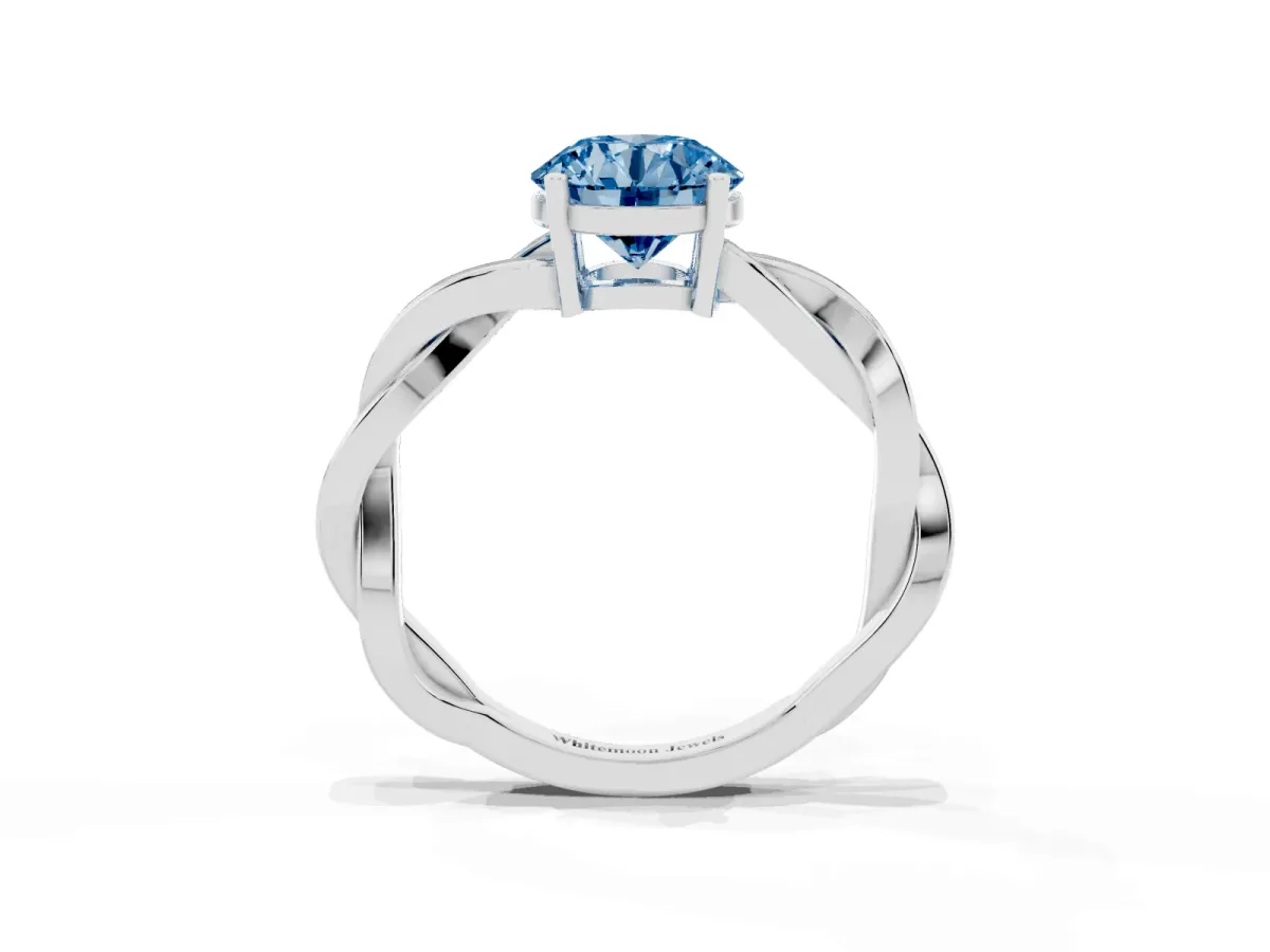 Fancy Blue Round Cut Solitaire Twisted Pave Diamond Ring with Four-Prong Setting Silver