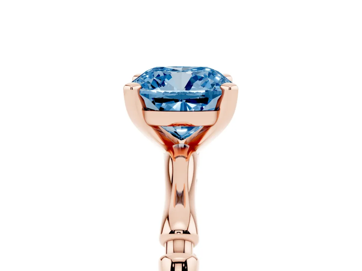 Fancy Blue Cushion Cut Solitaire Diamond Ring with Bamboo Band and Four-Prong Setting Rose gold
