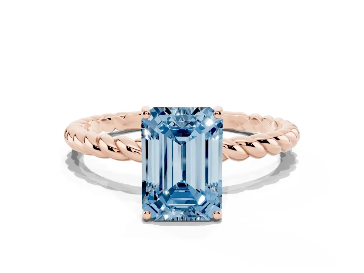 Fancy Blue Emerald Cut Solitaire Twisted Band 4-Prong Ring Rose gold