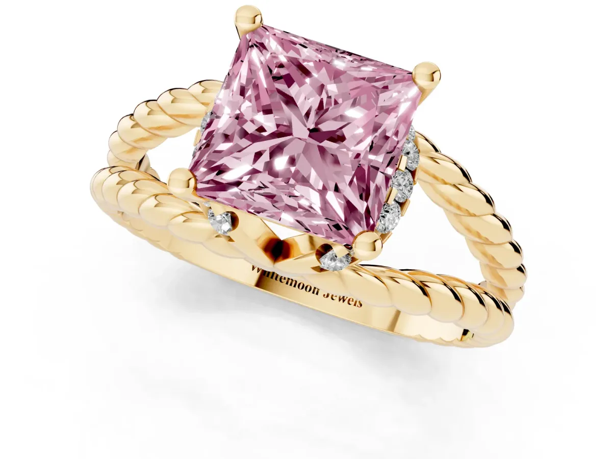 Fancy Pink Princess Cut Halo Twisted Band Four-Prong Ring Yellow gold