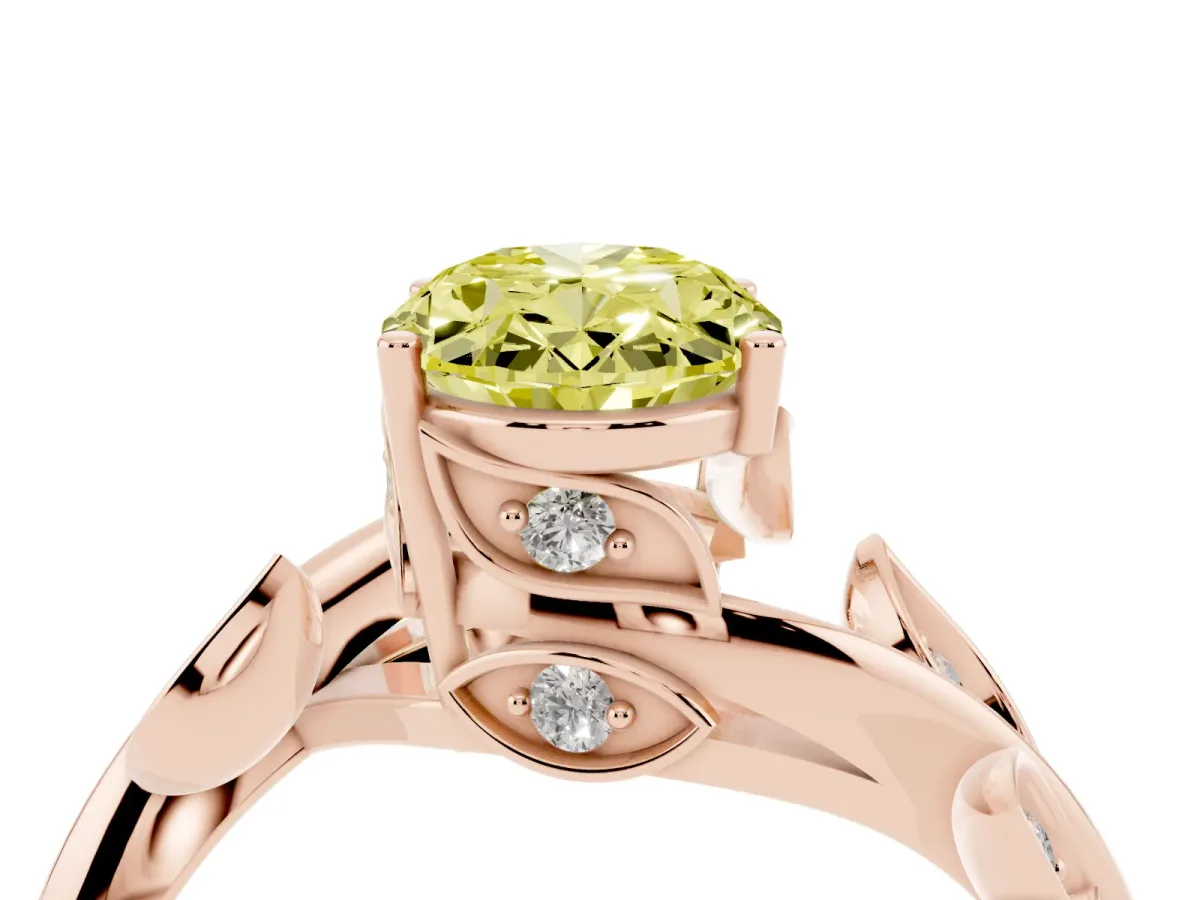 Fancy Yellow Oval Cut Solitaire Twist Engagement Ring with Leaf Accents and Prong Setting Rose gold