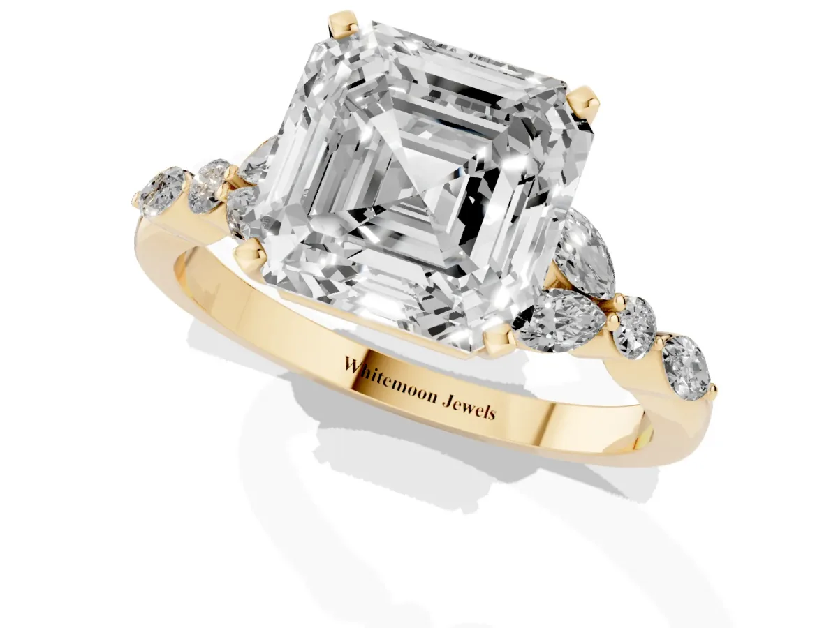 Asscher Cut Diamond Solitaire Ring with Side Stones and Four-Prong Setting Yellow gold