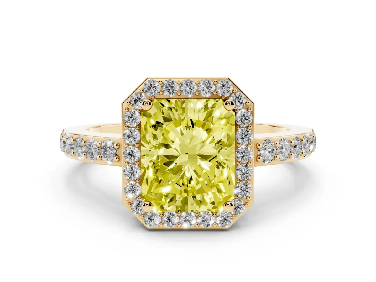 Fancy Yellow Radiant Cut Halo Diamond Pavé Band Ring with Prong Setting Yellow gold