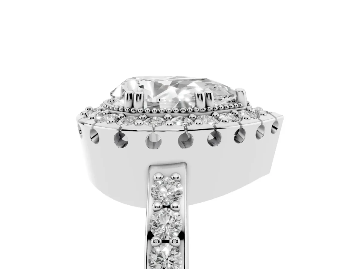 Pear Cut Diamond Halo Ring with Pavé Band and Prong Setting Silver