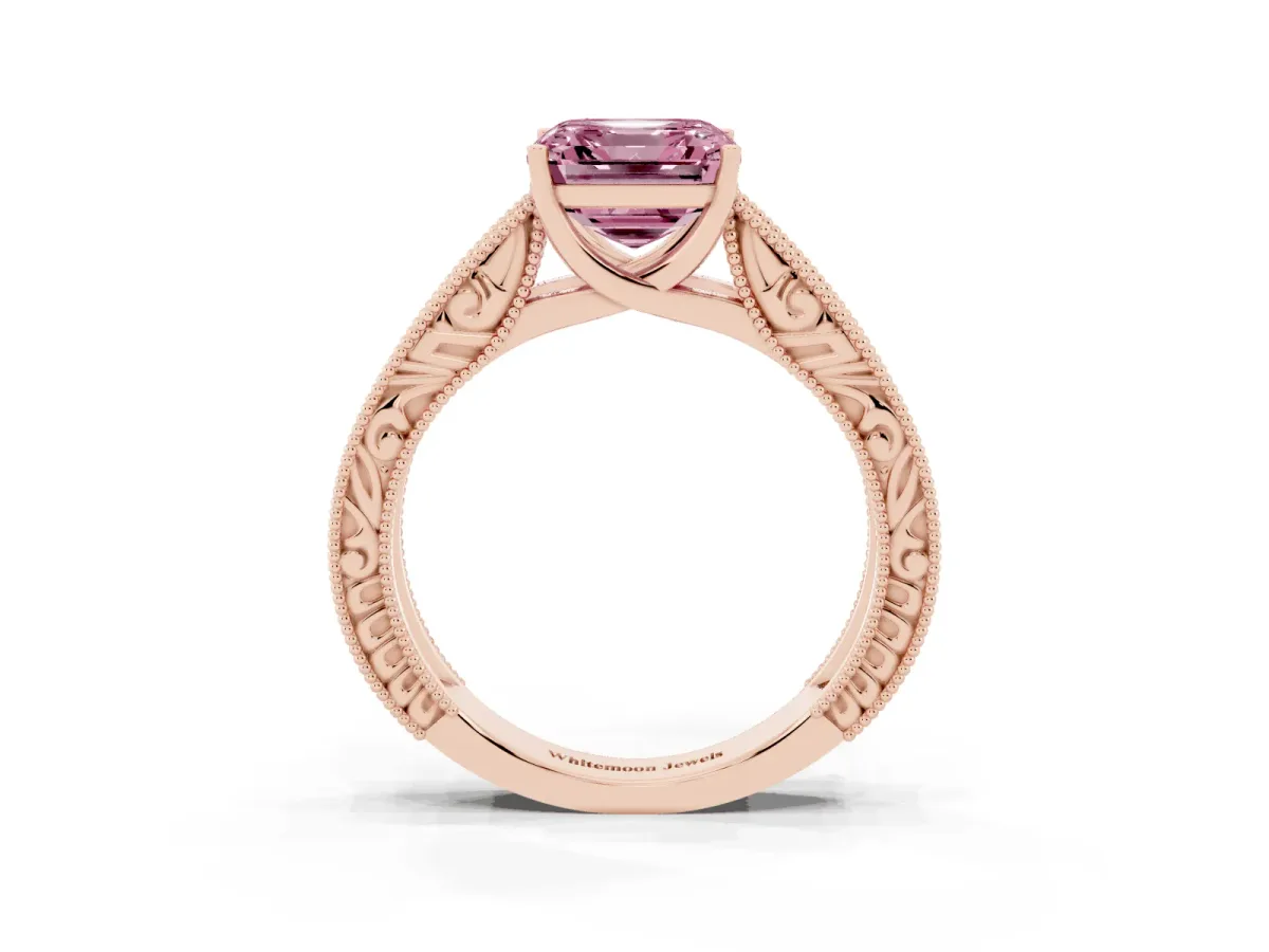 Fancy Pink Asscher Cut Diamond Solitaire Ring with Engraved Band and Four-Prong Setting Rose gold
