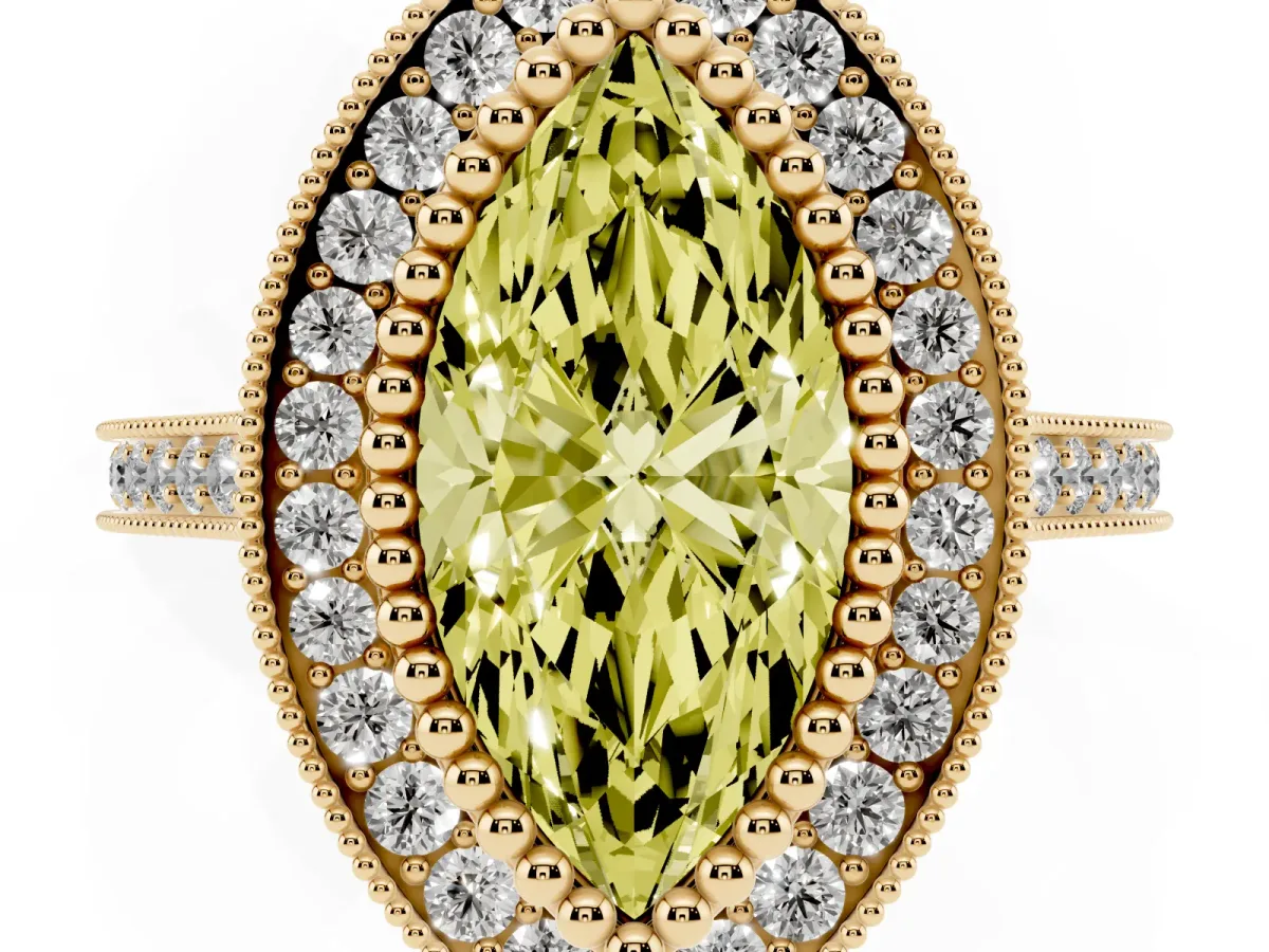 Fancy Yellow Marquise Cut Diamond Halo Ring with Milgrain Frame and Pavé Band Yellow gold