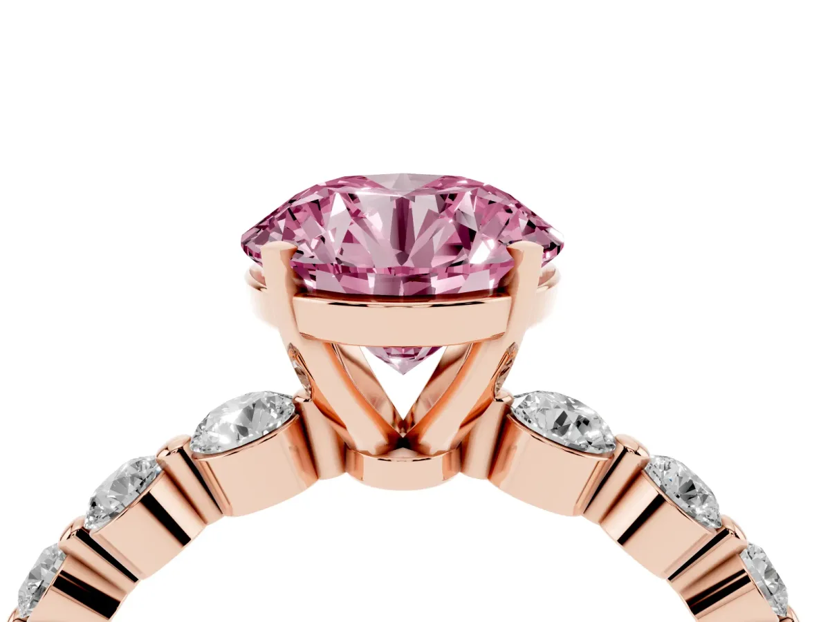 Fancy Pink Round Cut Solitaire Diamond Ring with Pave Band and Four-Prong Setting Rose gold