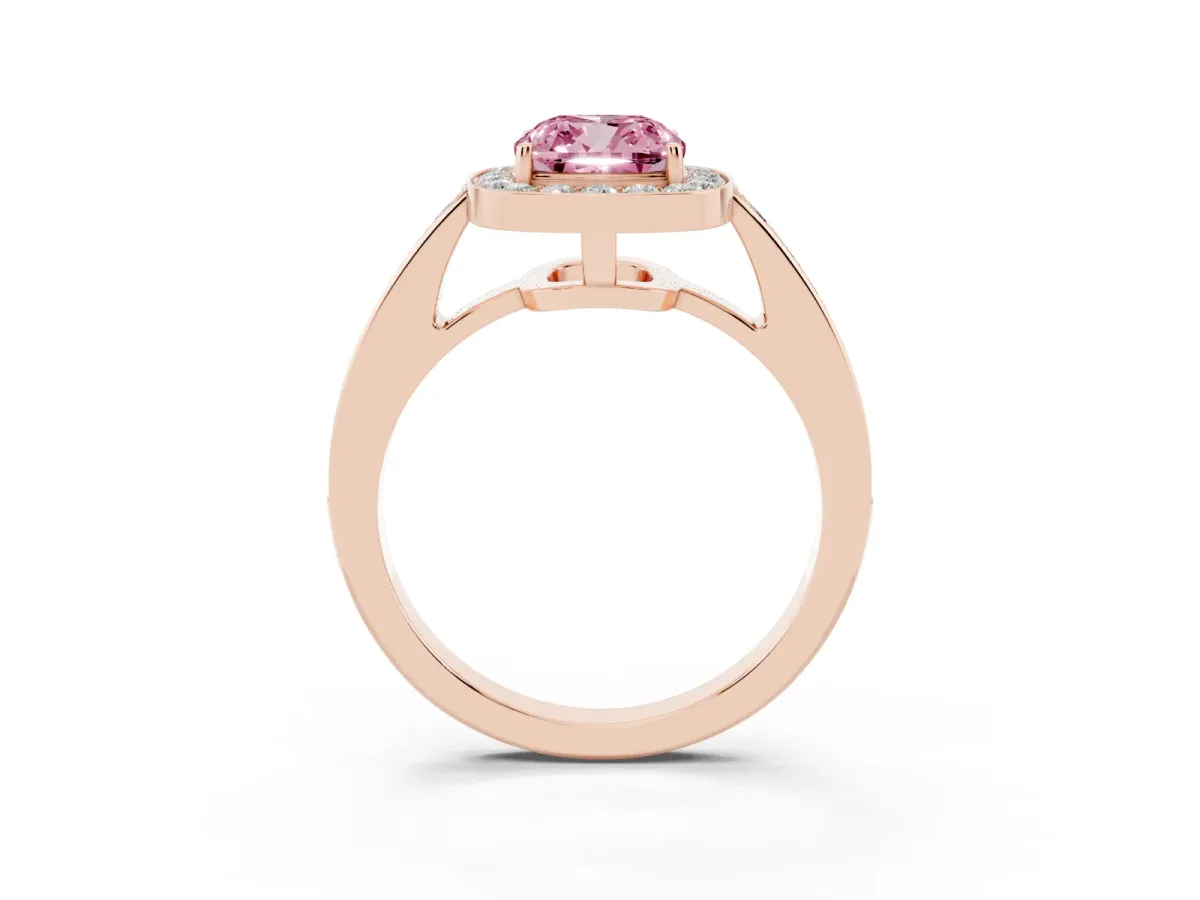 Fancy Pink Cushion Cut Halo Pavé Diamond Engagement Ring with Bezel Setting Rose gold