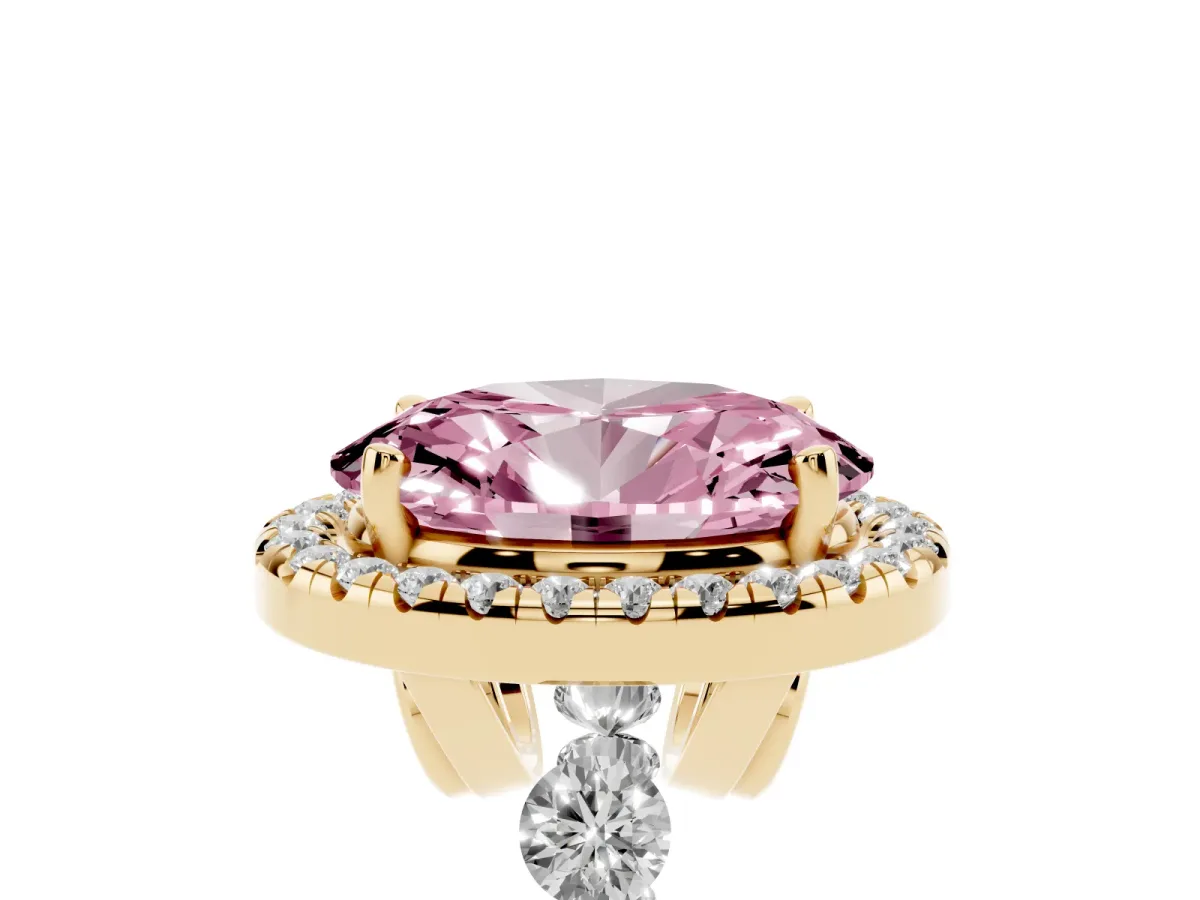 Fancy Pink Oval Cut Halo Pavé Diamond Engagement Ring with Four-Prong Setting Yellow gold