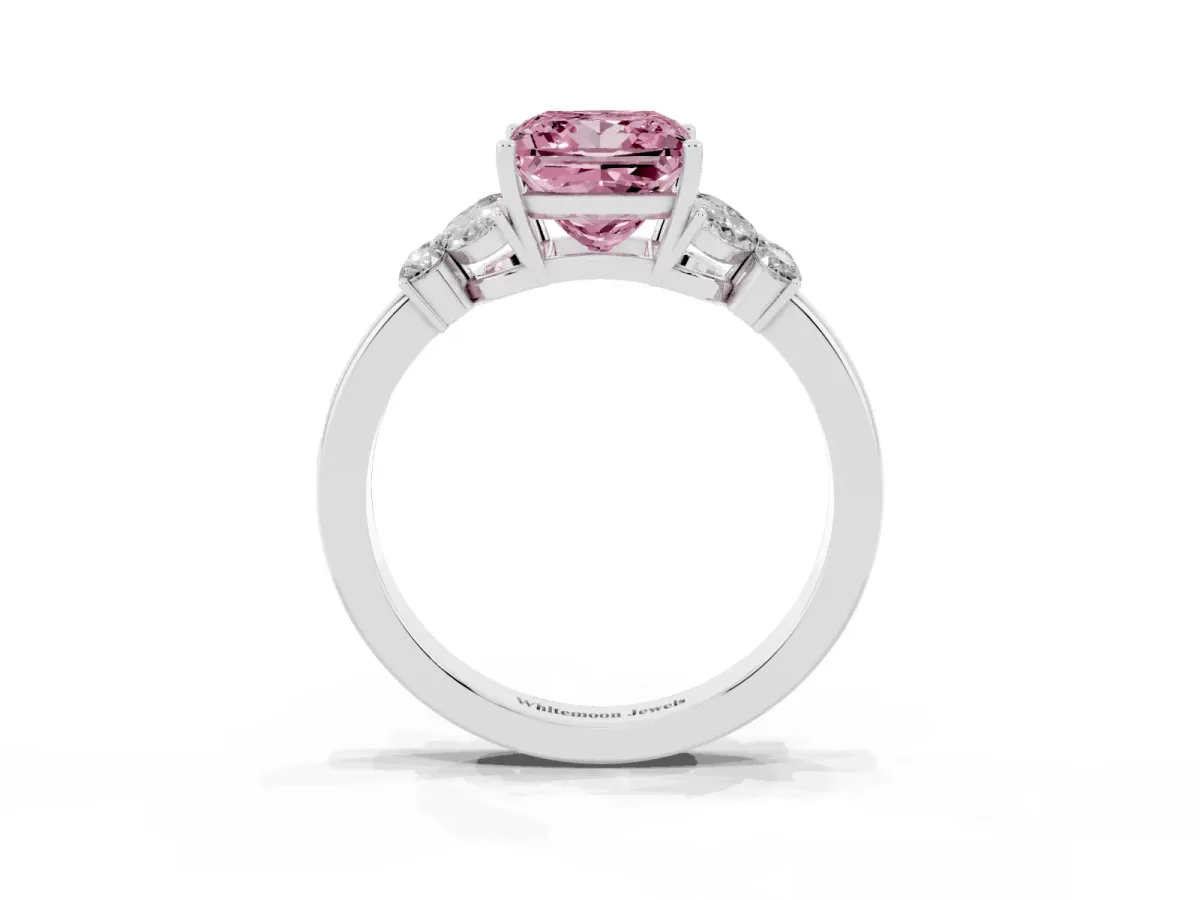 Fancy Pink Princess Cut Cut Solitaire Floral Diamond Ring with Four-Prong Setting Silver