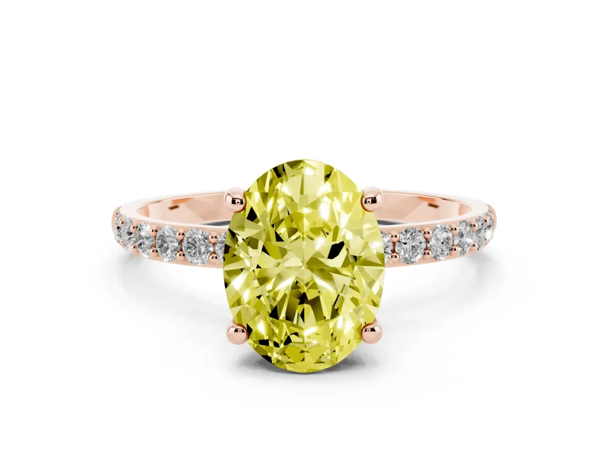 Fancy Yellow Oval Cut Diamond Solitaire Ring with Round Pavé Band and Prong Setting Rose gold