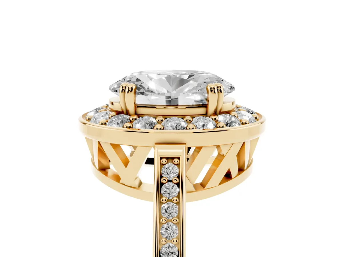 Oval Cut Diamond Halo Ring with Split Shank and Four-Prong Setting Yellow gold