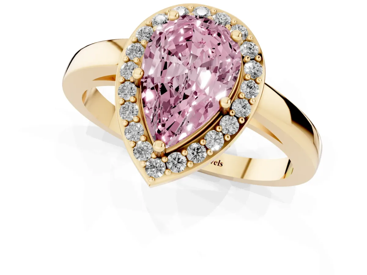 Fancy Pink Pear Cut Halo Diamond Ring with Solitaire Band and Prong Setting Yellow gold