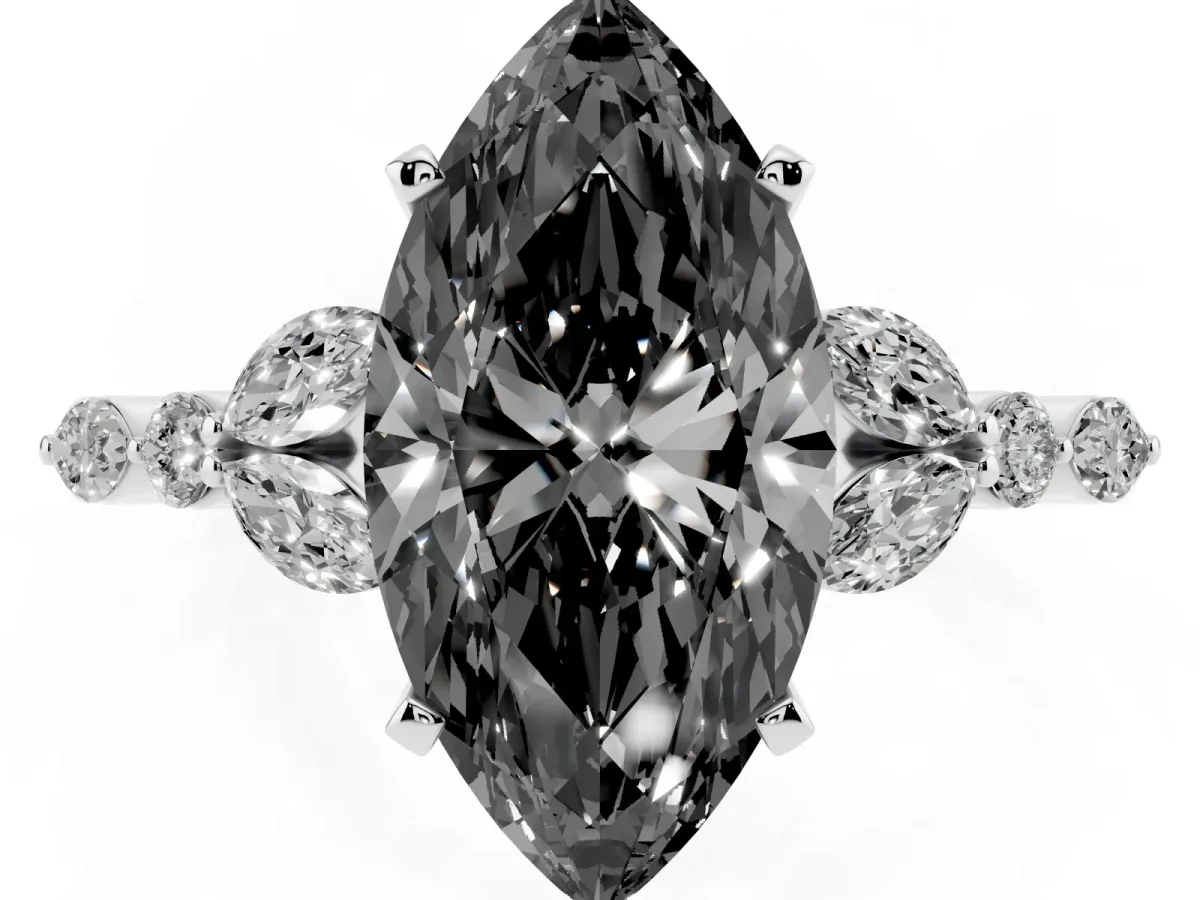 Fancy Black Marquise Cut Diamond Solitaire Ring with Side Stones and Four-Prong Setting Silver