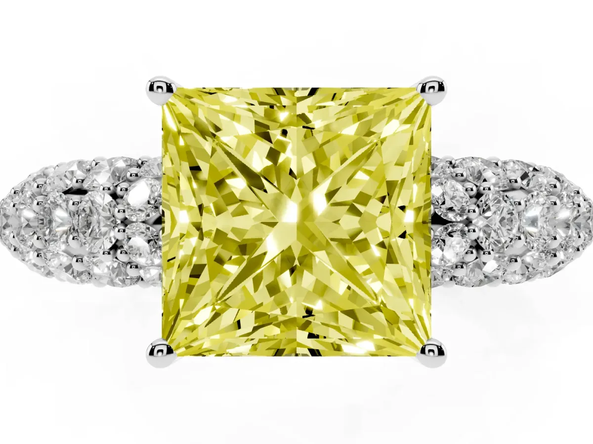 Fancy Yellow Princess Cut Diamond Pavé Band Solitaire Ring with Four-Prong Setting Platinum