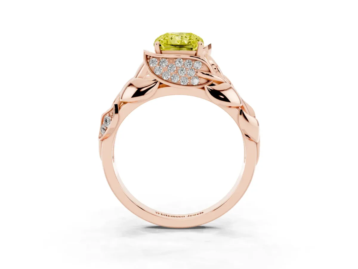 Fancy Yellow Radiant Cut Diamond Leaf-Inspired Engagement Ring with Round Accents and Prong Setting Rose gold
