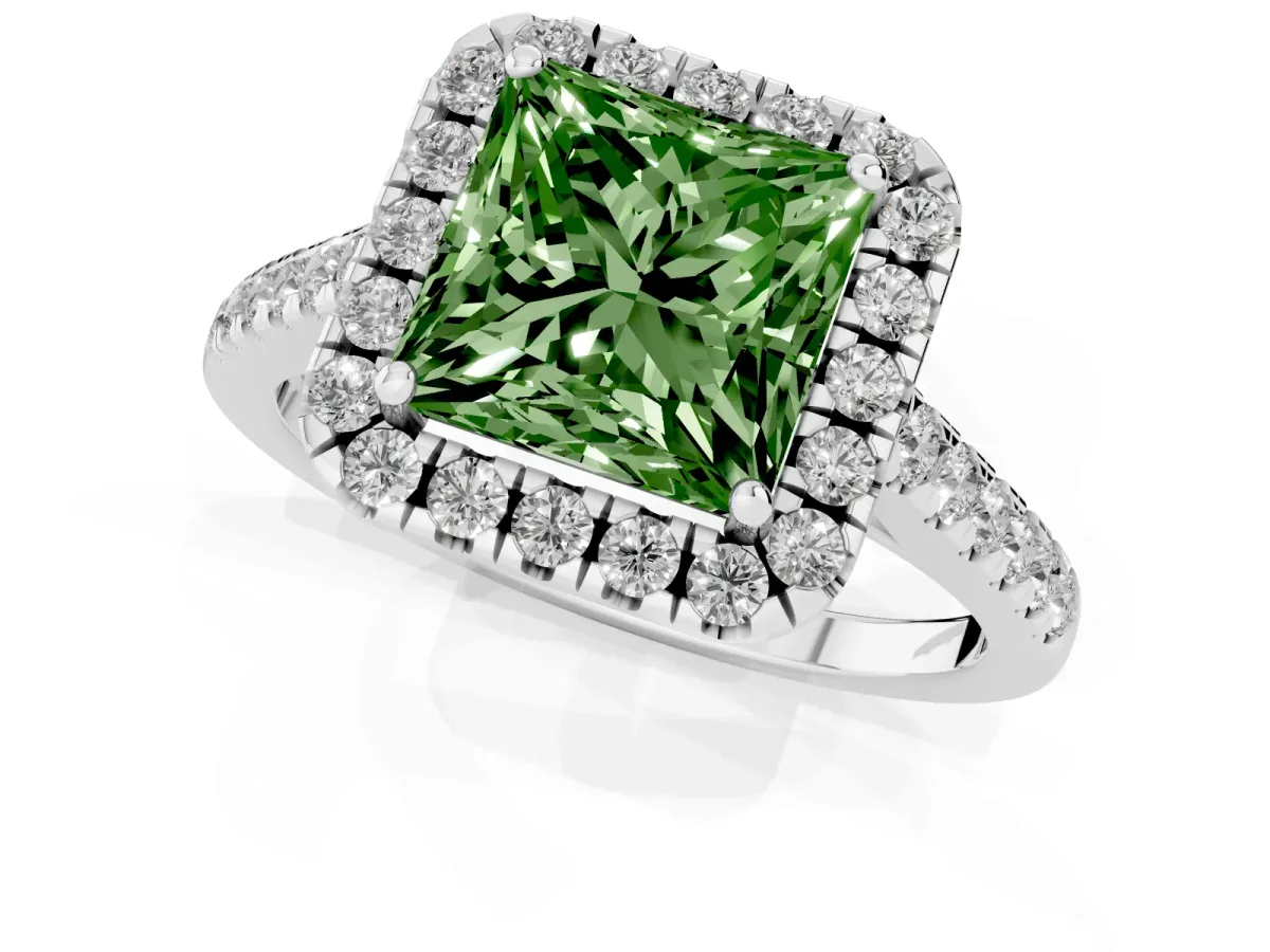 Fancy Green Princess Cut Halo Pave Diamond Engagement Ring with Four-Prong Setting Silver