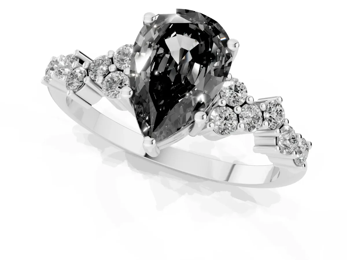 Fancy Black Pear Cut Diamond Scattered Round Accent Ring with Prong Setting Silver