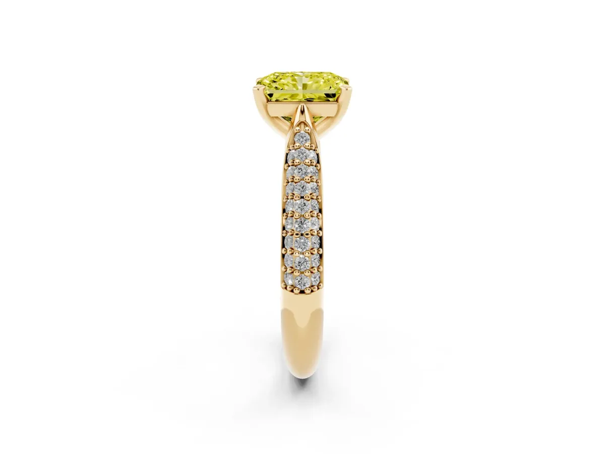 Fancy Yellow Radiant Cut Diamond Solitaire Engagement Ring with Multi-Row Round Pavé Band and Prong Setting Yellow gold