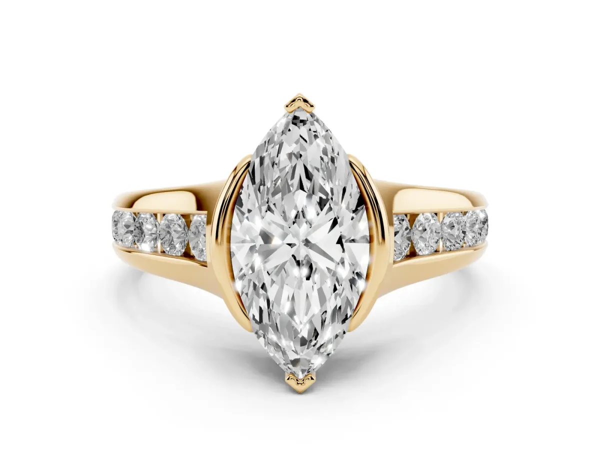 Marquise Cut Solitaire Bezel-Set Diamond Ring with Channel-Set Band Yellow gold