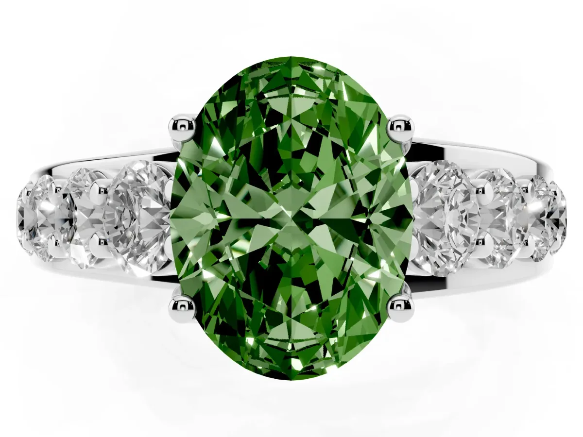 Fancy Green Oval Cut Diamond Engagement Ring with Pavé Band and Four-Prong Setting White gold